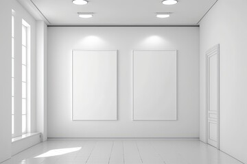 Two white blank posters on white wall in empty spacious light hall with led lights on ceiling. Mockup. . Generative AI
