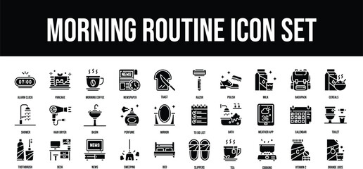 Thin line icons Perfect pixel Morning Routine Glyph iconset