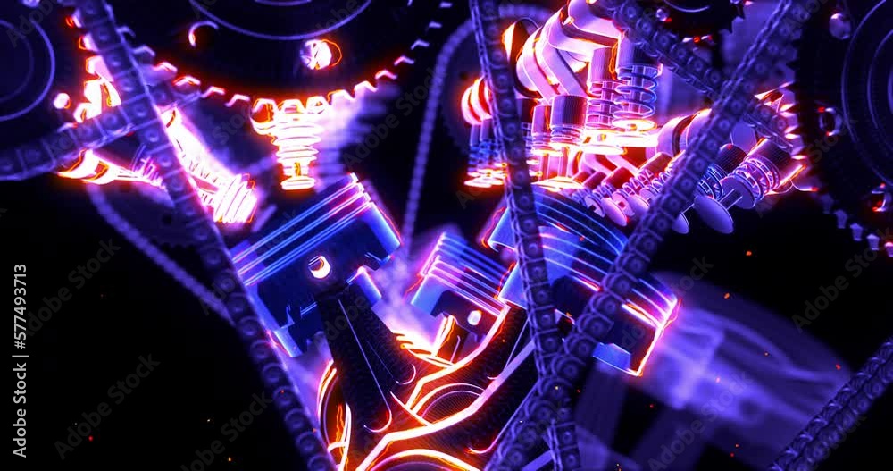 Poster High power burning V8 engine in motion. Explosions and flames. Perfect Loop. Industry related 4K 3D animation.