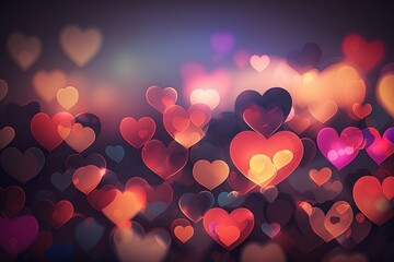 Shiny hearts bokeh light Valentines day background. Generative ai