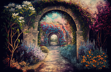 Dreamy impressionist garden with floral arch, vintage style, Generative Ai