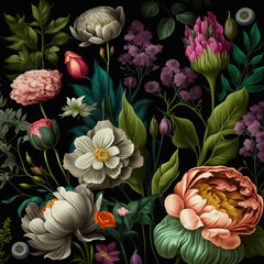 Decorative colorful garden flowers, artistic, vintage style, Generative Ai