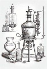 Moonshine machine for home alcohol production. Black and white image..