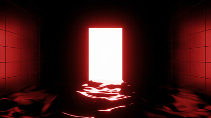 3d room with liquid and door. Design. Bright glowing door with dark room filled with liquid. Gloomy 3d room with liquid and glowing exit