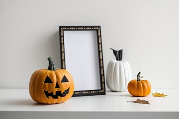Jack O Lantern or Pumpkins decor on a white desk at home for happy halloween concept. Generative AI