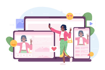 Cross platforming flat concept vector spot illustration. Editable 2D cartoon character on white for web design. Application for multi devices creative idea for website, mobile, magazine