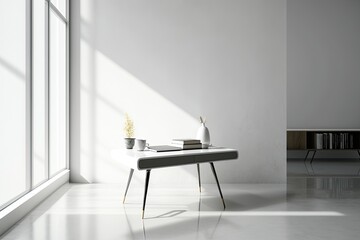 Modern coffee table in bright room with white wall and concrete floor as well as mock up of an empty wall. Generative AI