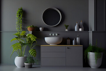 Minimalist and creative interior of bathroom with washbasin, cupboard, grey walls, leaf in vase and beautiful bathroom accessories. Minimalistic home decor concept. Created with Generative AI