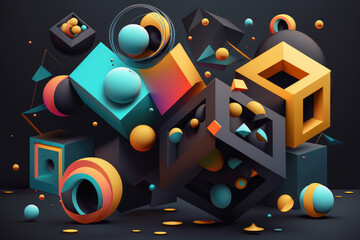 Abstract 3D geometric shapes floating in a dark space with a vibrant neon color palette and a futuristic feel, generative ai