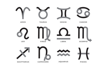 The 12 astrological signs: Aries, Taurus, Gemini, Cancer, Leo, Virgo, Libra, Scorpio, Sagittarius, Capricorn, Aquarius, Pisces. Zodiac signs set isolated on white background. Two-toned icon set.