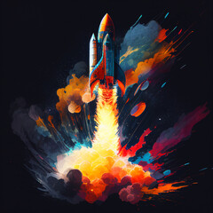 Rocket take-off into space. Bright multi-colored image.. - obrazy, fototapety, plakaty