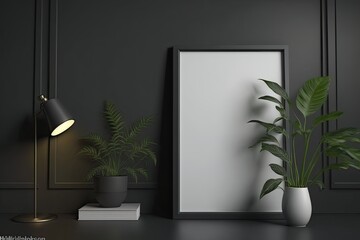 Painting frame in Black room with Light and Indoor plant For mockup. Generative AI