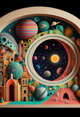 Obraz premium Generative AI city illustration created in 3d, subrealistic and colourful world with geometrical shapes at night with planets