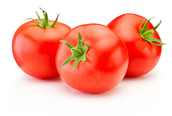 Three ripe red tomatoes isolated on white background