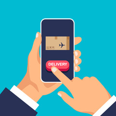 Parcel avia delivery service. Man use app and click on the phone. Vector illustration isolated.