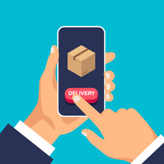 Parcel delivery service. Man use app and click on the phone. Vector illustration isolated.