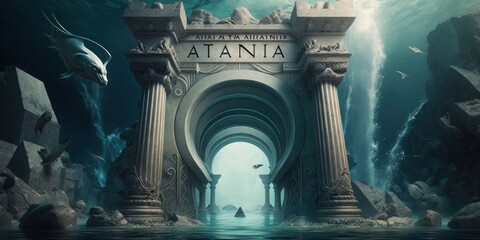 Ancient Atlantis city building underwater somewhere on ocean bottom. Generative ai illustration.
