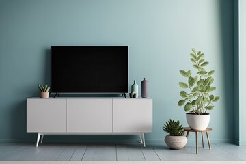 TV on cabinet in modern living room with lamp,table,flower and plant on light Blue wall background,. Generative AI