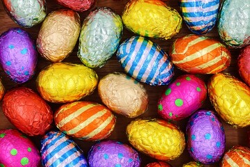 Tasty chocolate Easter eggs . Multicolored. Top view. Easter background.