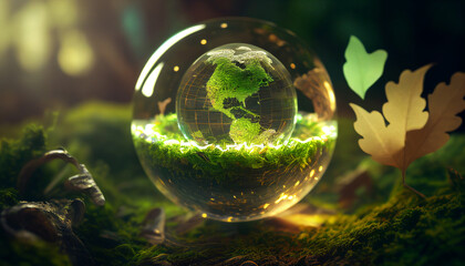 Close up of crystal globe on grass and moss in a forest - environment concept - sustainable 