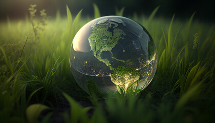 Close up of crystal globe on grass and moss in a forest - environment concept - sustainable 