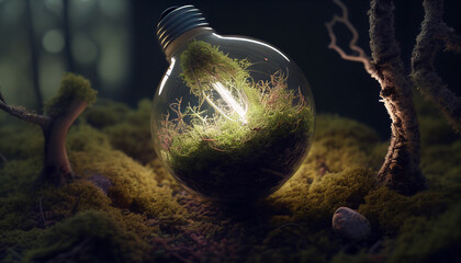 Sustainable Environment - Light Bulb growing on moss - Ecological friendly