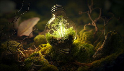 Sustainable Environment - Light Bulb growing on moss - Ecological friendly