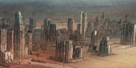 Science fiction city from air. Digital painting. Concept art. 2d illustration.