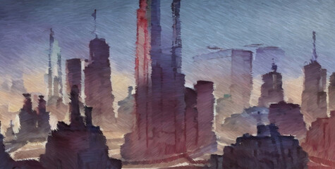Science fiction city from air. Digital painting. Concept art. 2d illustration.
