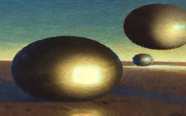 Cosmic spheres. Digital painting. Concept art. 2d illustration.
