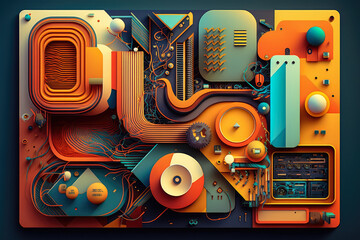 Colorful abstract interpretation of a digital circuit board with vibrant patterns and intricate details, generative ai