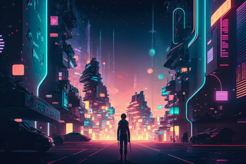 Cyberpunk Nightscape of Futuristic Megalopolis with Neon Lights and Holographic Ads, generative ai