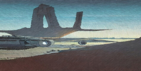 Science fiction landscape. Digital watercolor painting. Concept art. 2d illustration.
