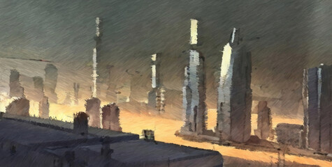 Futuristic cityscape. Digital watercolor painting. Concept art. 2d illustration.