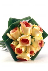 bouquet of wet yellow red roses in the white background