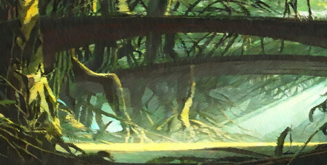 Tropical jungle forest. Digital watercolor painting. Concept art. 2d illustration.