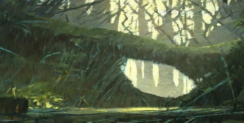 Tropical jungle forest. Digital watercolor painting. Concept art. 2d illustration.