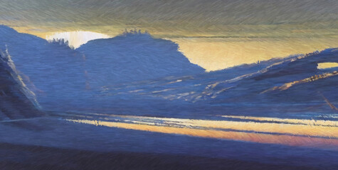 Dry desert landscape. Digital watercolor painting. Concept art. 2d illustration.