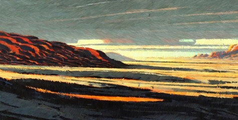 Lava landscape. Digital watercolor painting. Concept art. 2d illustration.