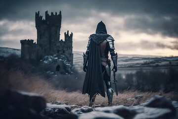 Medieval knight in a winter landscape and looking at a ruined castle. generative AI	