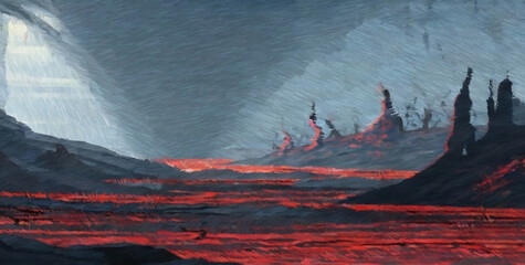 Lava landscape. Digital watercolor painting. Concept art. 2d illustration.