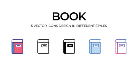 book Icon Design in Five style with Editable Stroke. Line, Solid, Flat Line, Duo Tone Color, and Color Gradient Line. Suitable for Web Page, Mobile App, UI, UX and GUI design.