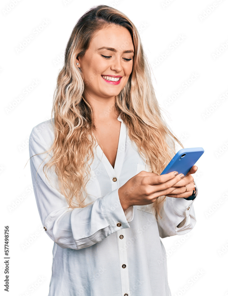 Poster Young blonde woman using smartphone smiling with a happy and cool smile on face. showing teeth.