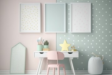 Kids Wall mock up. Kids interior in light pink and mint color. Scandinavian interior. Generative AI