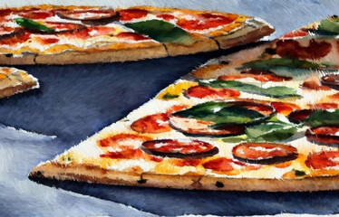 Pizza slices. Digital painting with long brush strokes. 2d illustration.