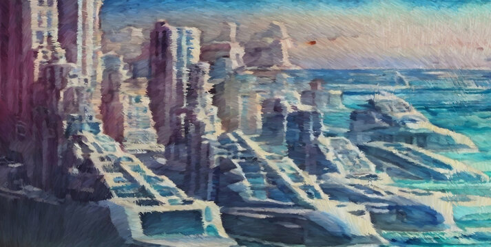 Futuristic cityscape. Digital painting with long brush strokes. 2d illustration.