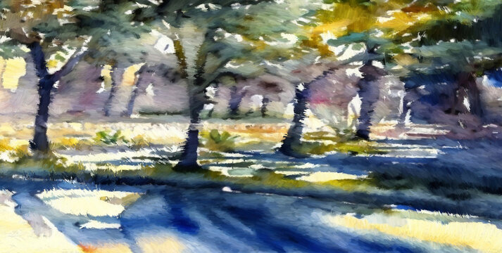 Park trees. Digital painting with long brush strokes. 2d illustration.