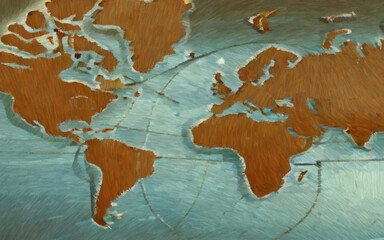 World map. Digital painting with long brush strokes. 2d illustration.