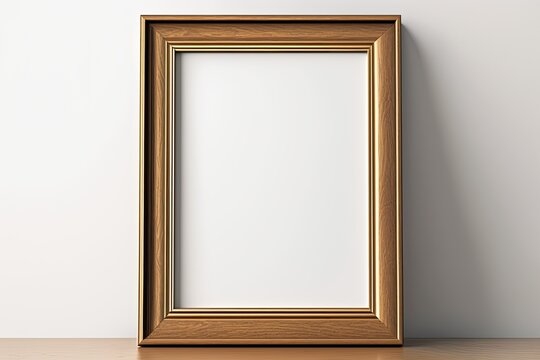 An empty wooden picture frame with a white background is displayed within. Close up of a mock poster frame in a room. superior photograph. Generative AI