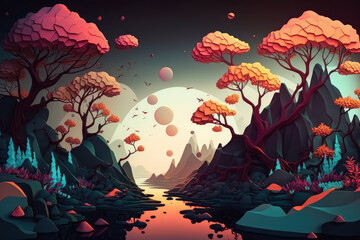 Obraz na płótnie Canvas Enchanting virtual reality landscape featuring a mystical forest with glowing flowers and floating islands, generative ai